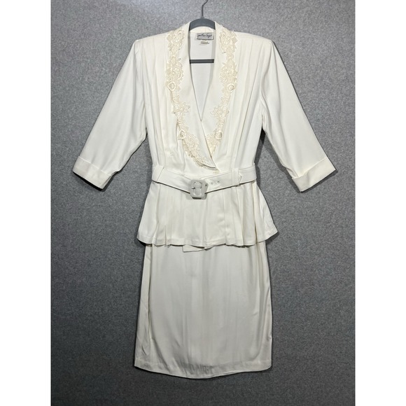 Handmade Dresses & Skirts - Vintage Ivory Belted Peplum Dress Lace Trim Secretary Bridal Occasion Midi